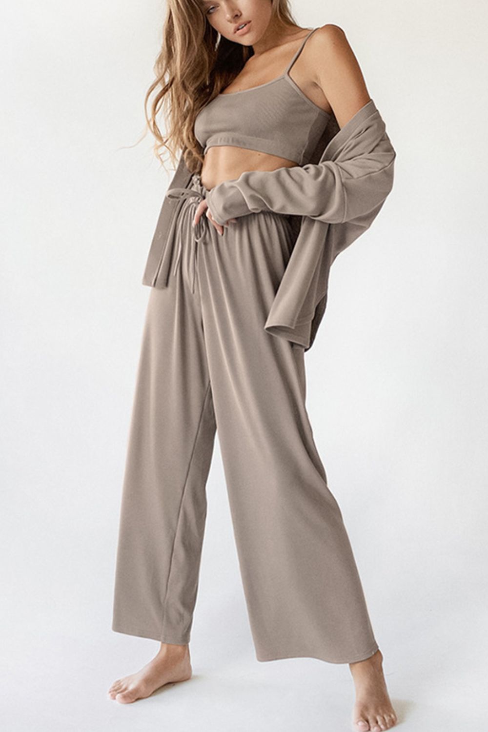 Hazel Blues® |  Spaghetti Strap Bra, Open Front Cardigan and Drawstring Pants Set