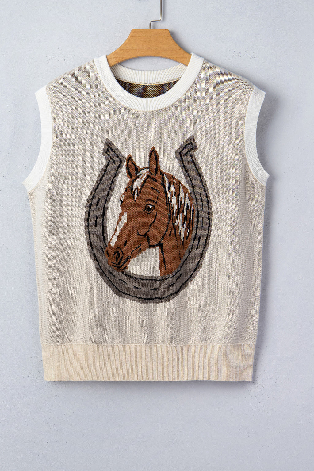 Hazel Blues® |  Parchment Horse Shoe Print Color Block Trim Round Neck Sleeveless Sweater