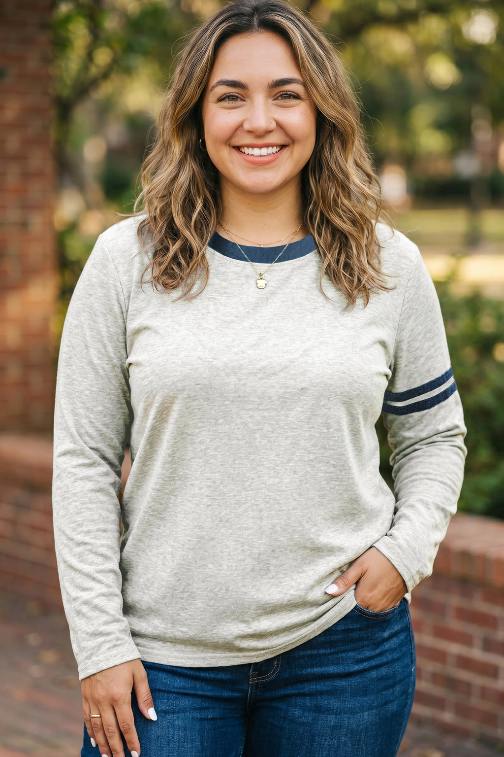 Gray Plus Size Colorblock Detail Round Neck Long Sleeve Top