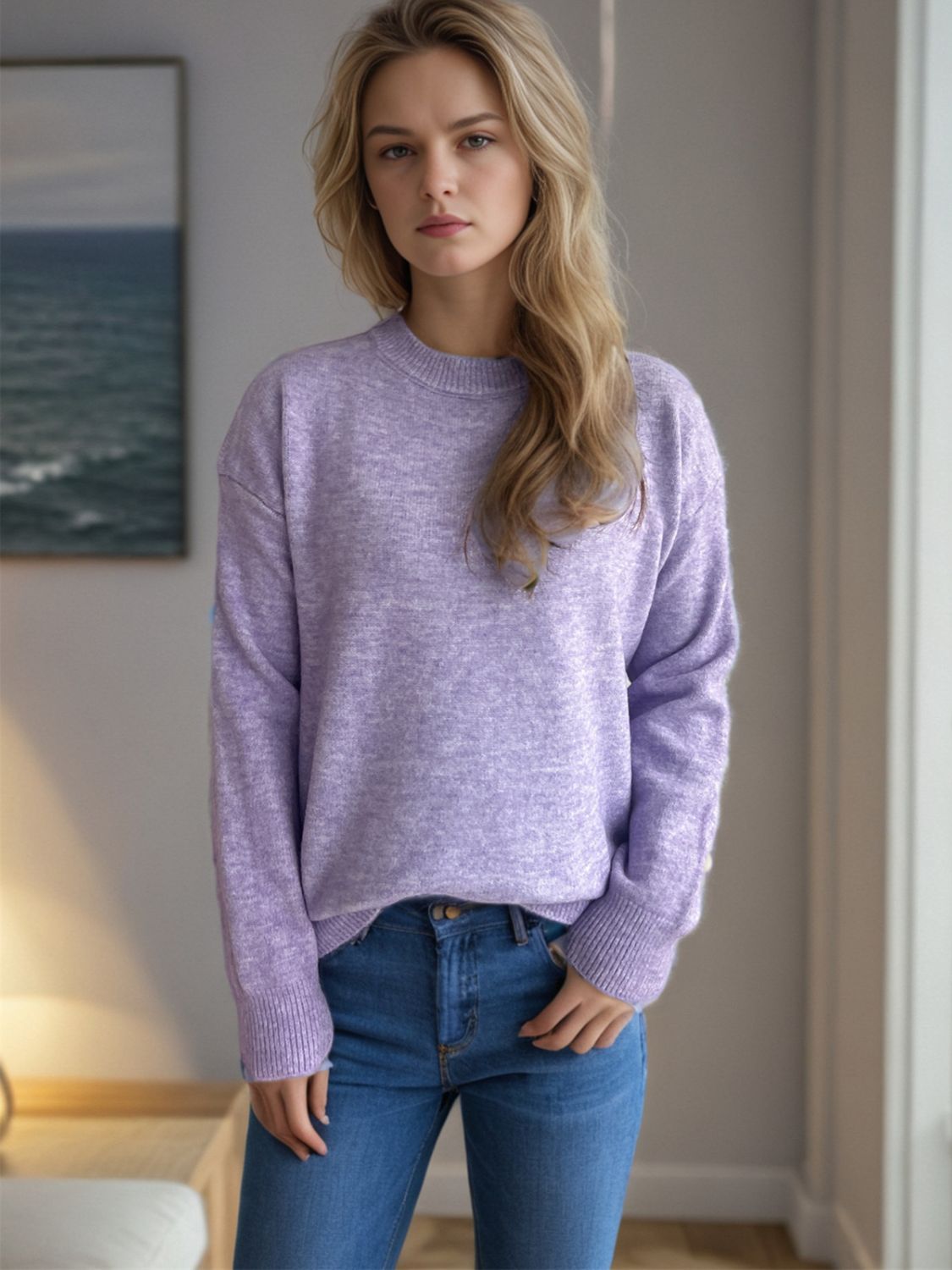 Hazel Blues® |  Round Neck Drop Shoulder Long Sleeve Sweater