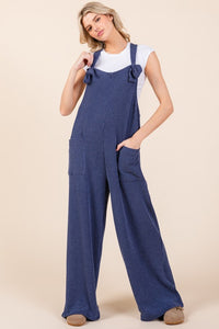 Hazel Blues® |  BOMBOM Knot Straps Wide Leg Ribbed Overalls with Pockets