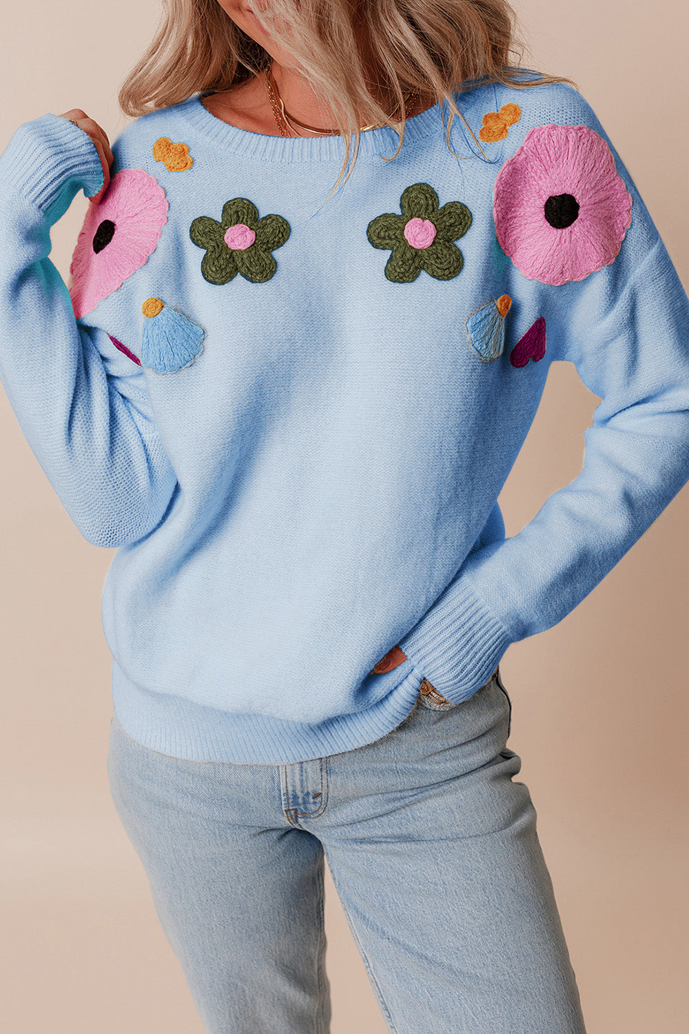 Hazel Blues® |  Crochet Flower Round Neck Dropped Shoulder Sweater