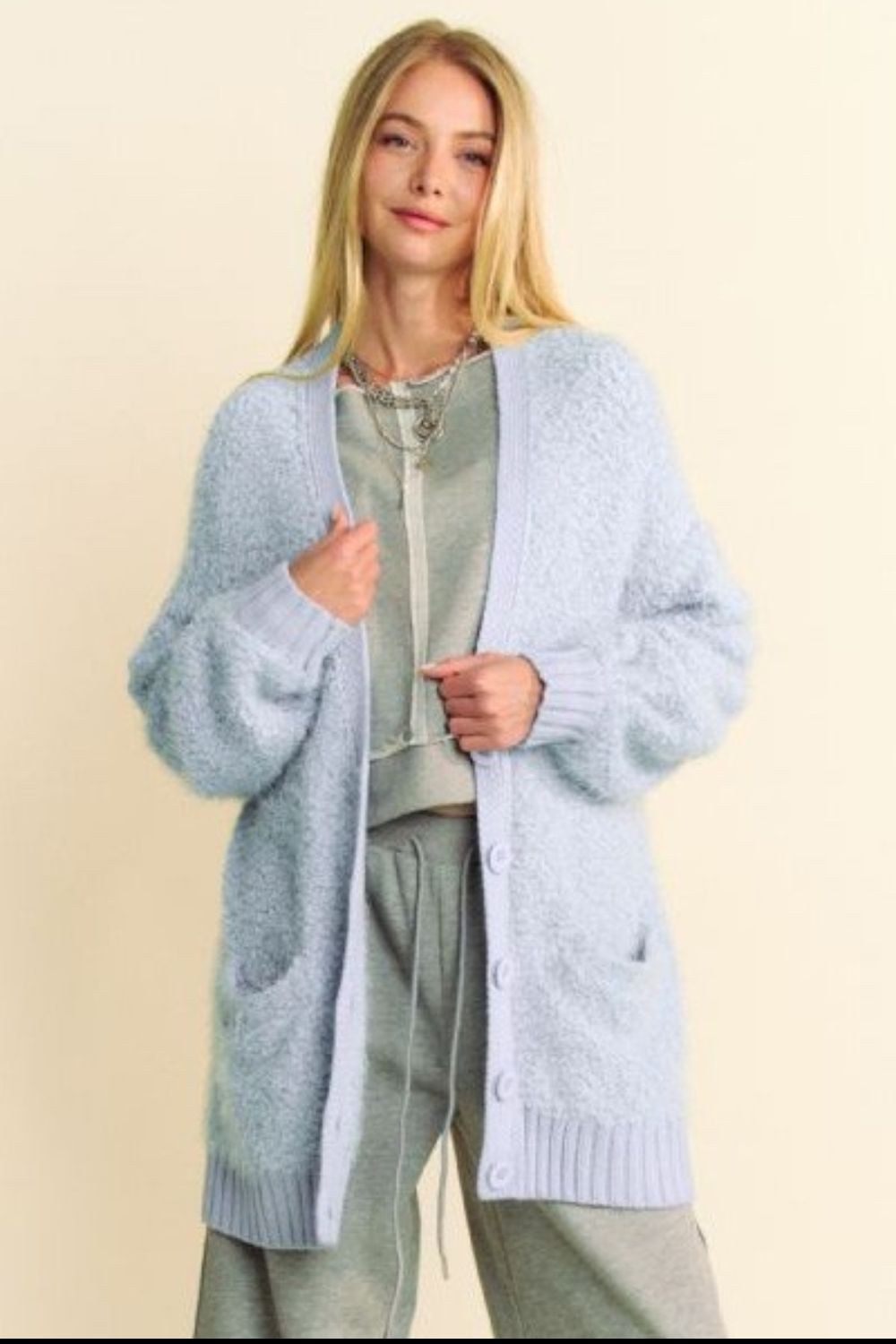 Hazel Blues® |  Davi & Dani Ribbed Hem Button Up Long Sleeve Cardigan