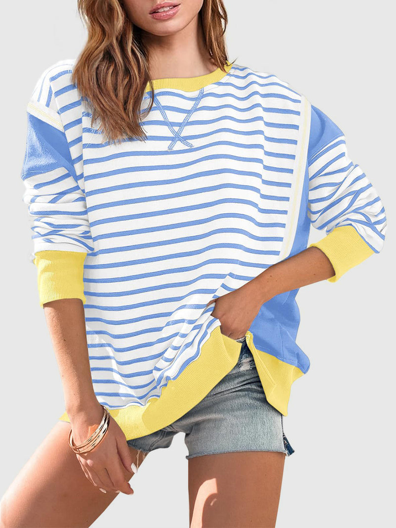 Hazel Blues® |  Slit Exposed Seam Striped Long Sleeve Sweatshirt