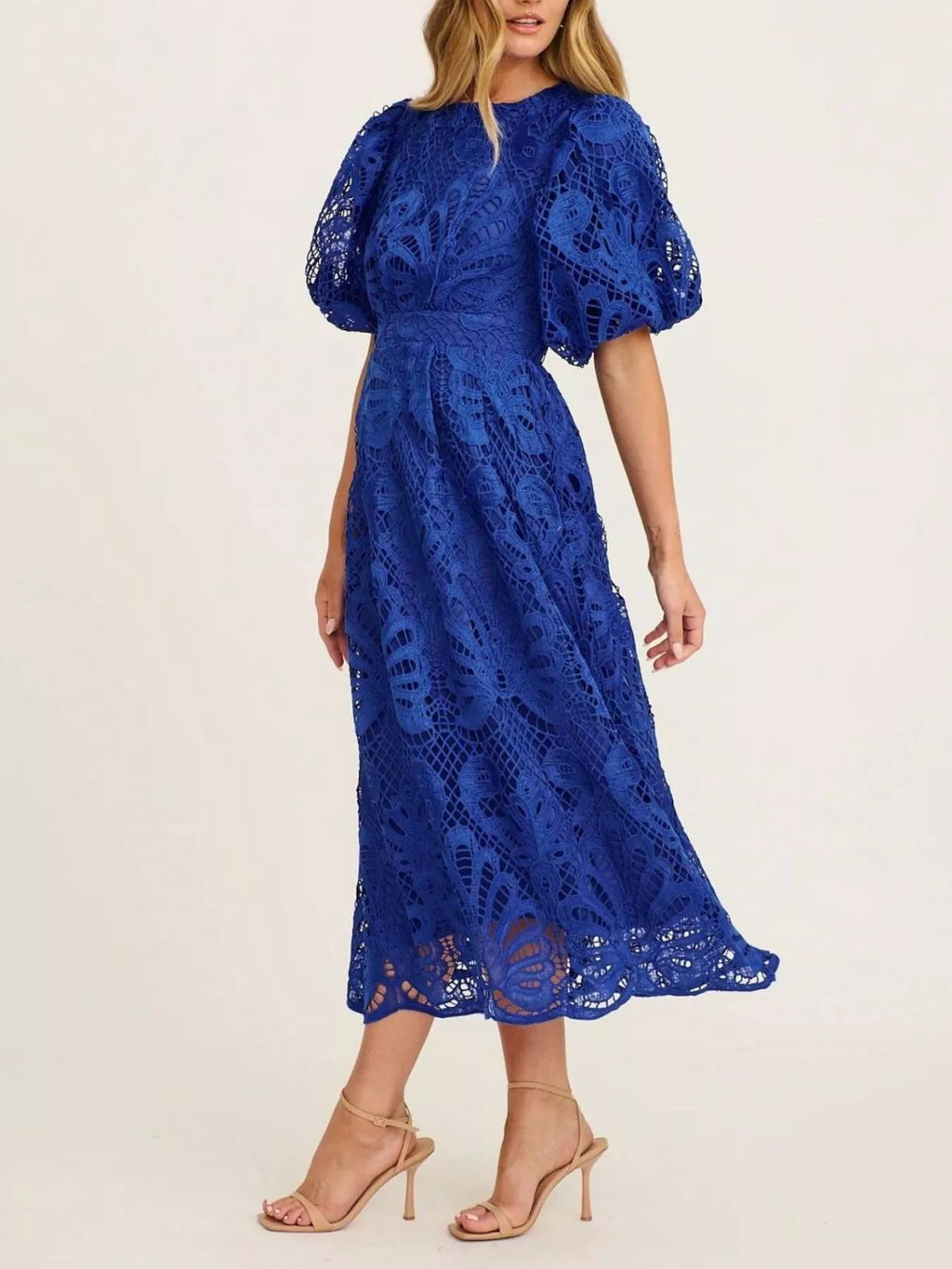 Hazel Blues | Lace Puff Sleeve Midi Dress Blue / L Hazel Blues | Lace Puff Sleeve Midi Dress Blue / L