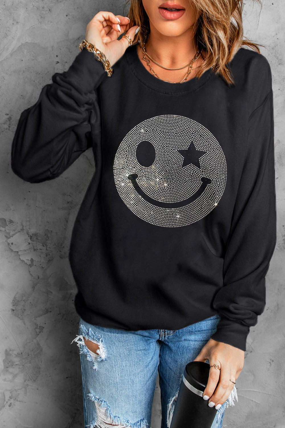 Hazel Blues® |  Rhinestone Smile Long Sleeve Sweatshirt