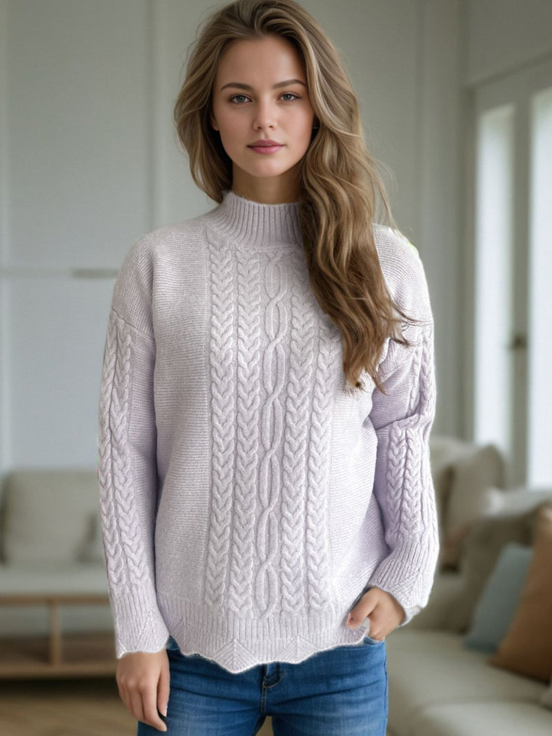 Hazel Blues® |  Cable-Knit Mock Neck Dropped Shoulder Sweater