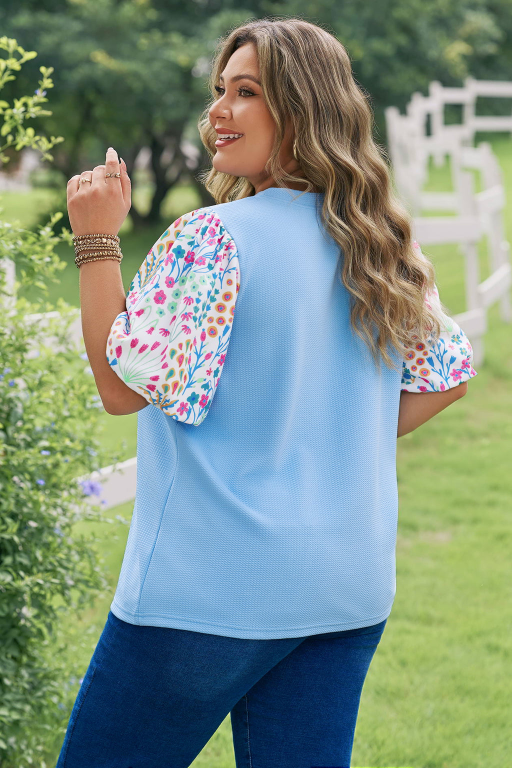 Textured Bodice Contrast Floral Sleeve Top | Floral Top
