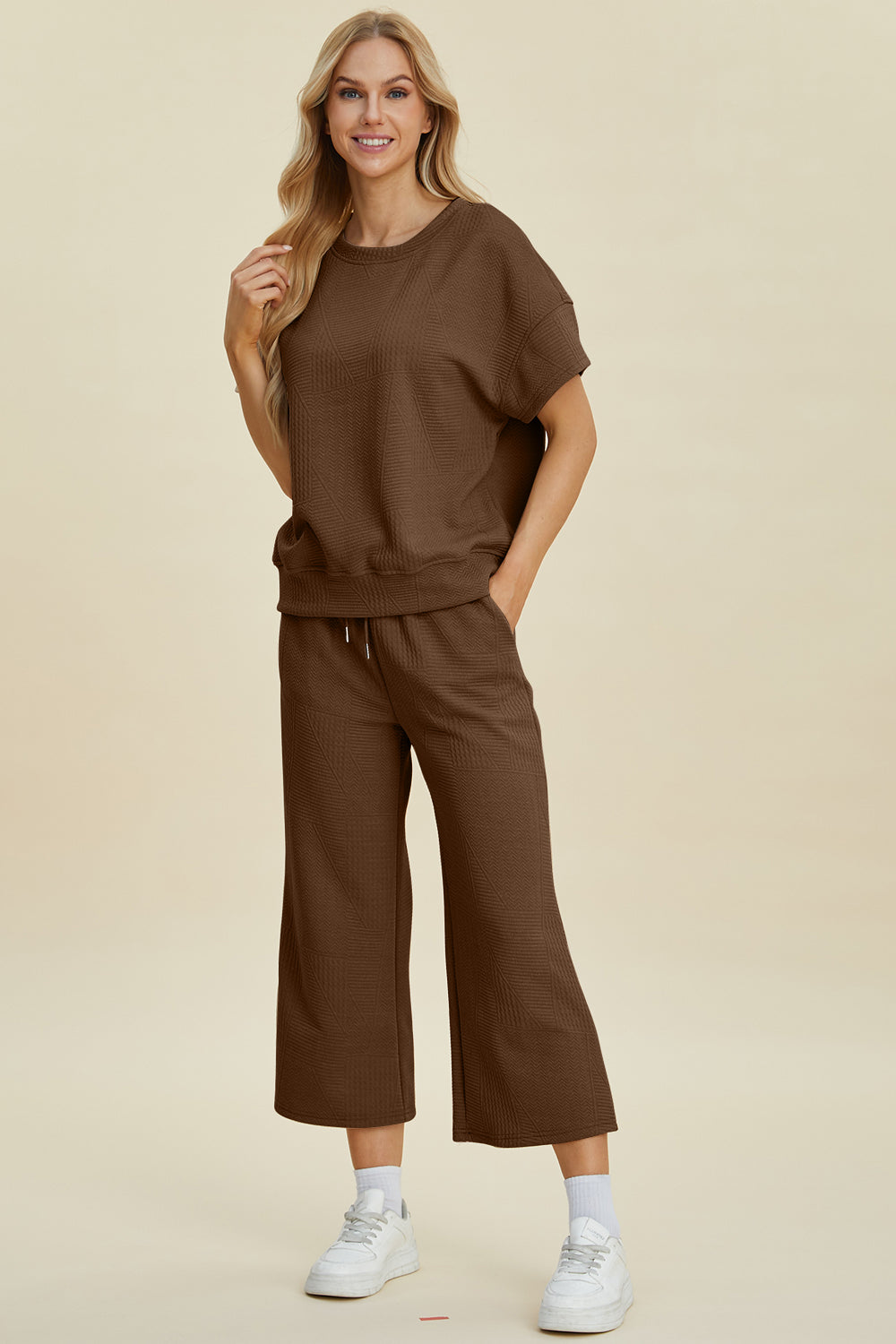 Hazel Blues® |  Double Take Texture Round Neck Top and Pants Set