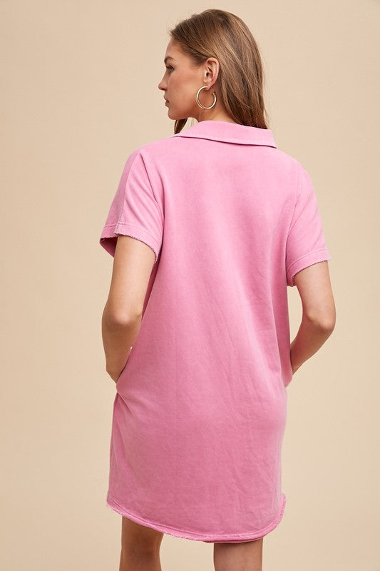 Hazel Blues® |  Annie Wear Mineral Washed Johnny Collar Short Sleeve Dress