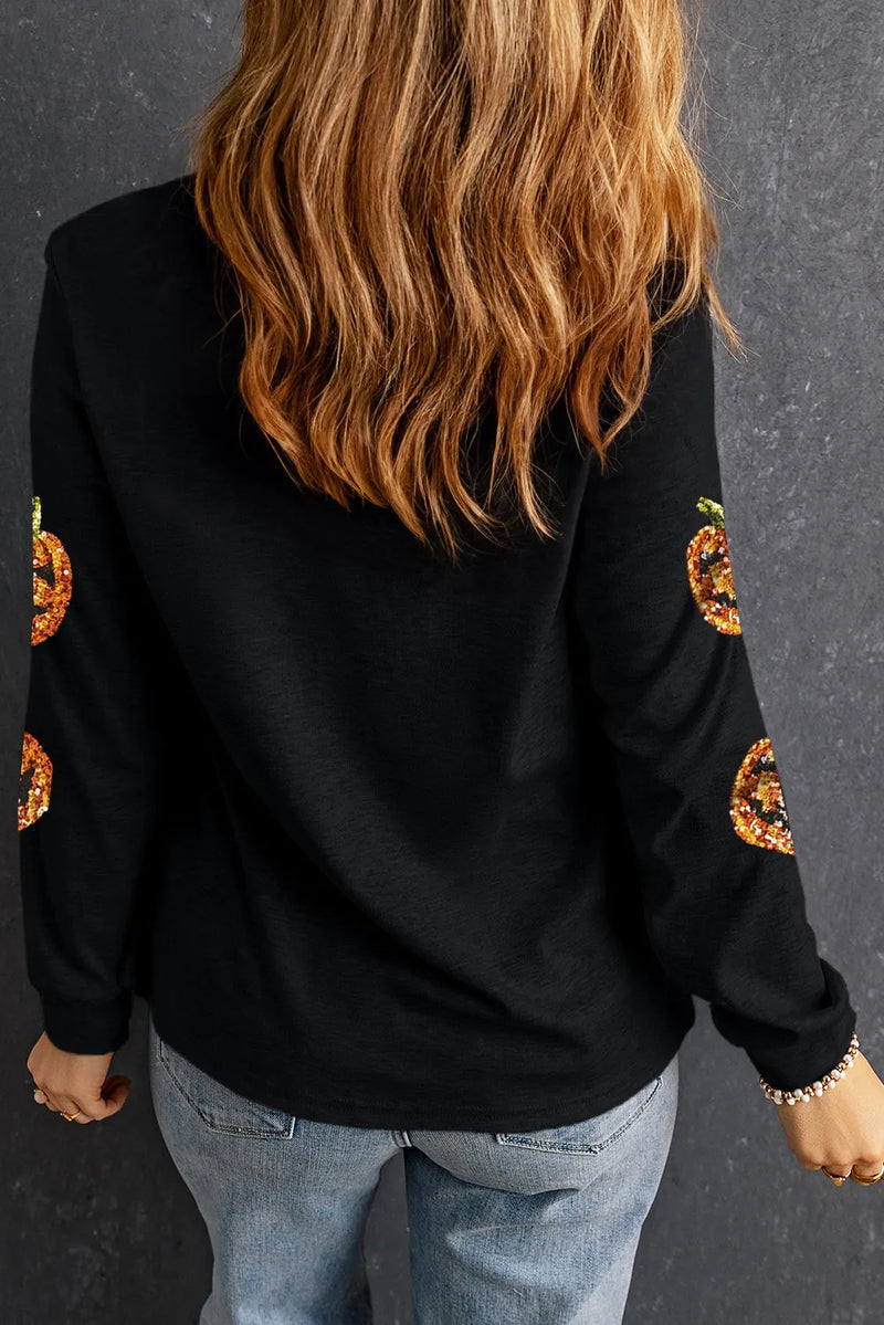 Hazel Blues® |  Sequin Pumpkin Round Neck Long Sleeve Top