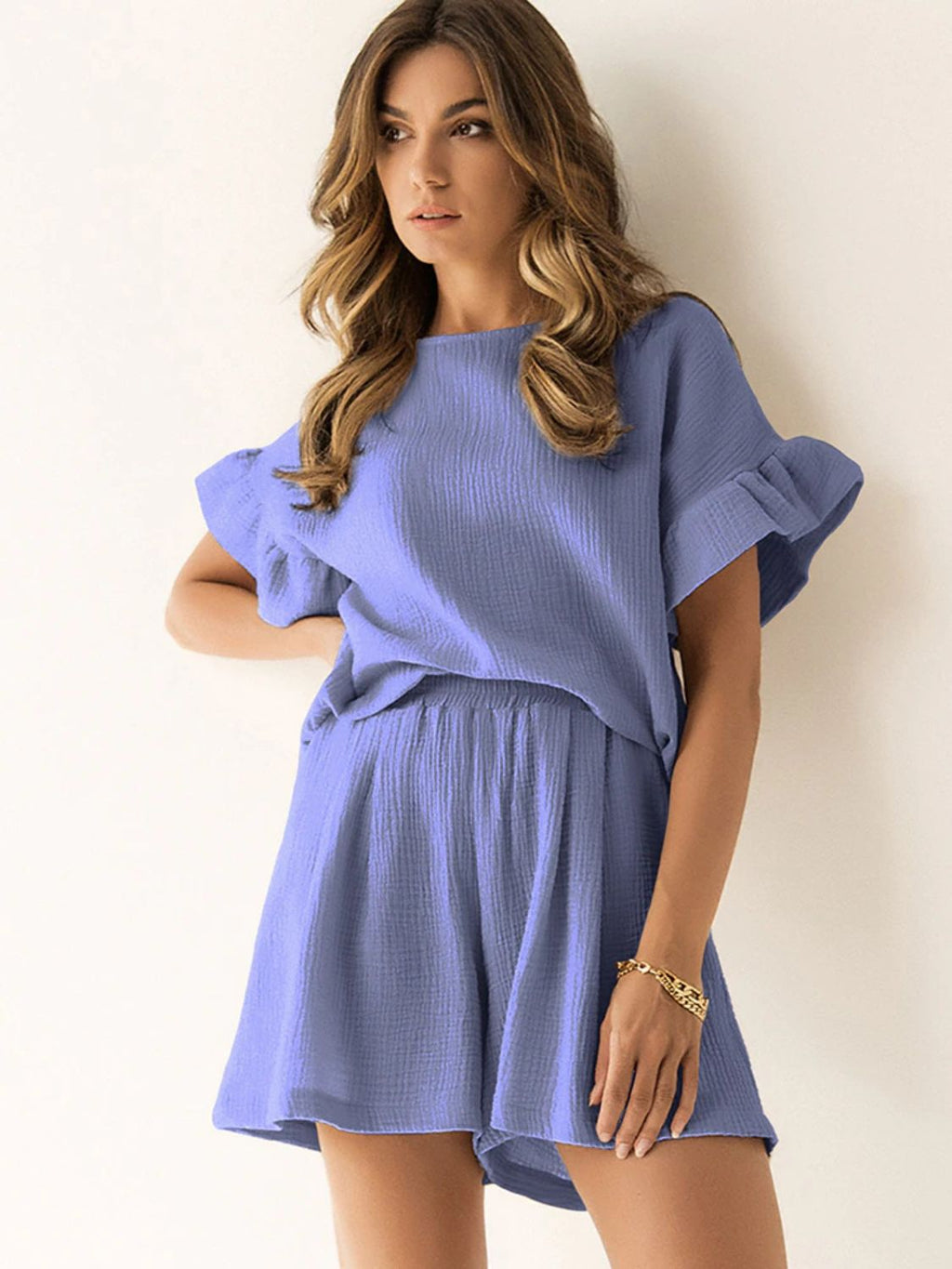 Ruffled Round Neck Top and Shorts Set