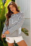 Hazel Blues® |  Gray Stripe Starry Patch Drop Shoulder Raw Edge Casual Knit Top