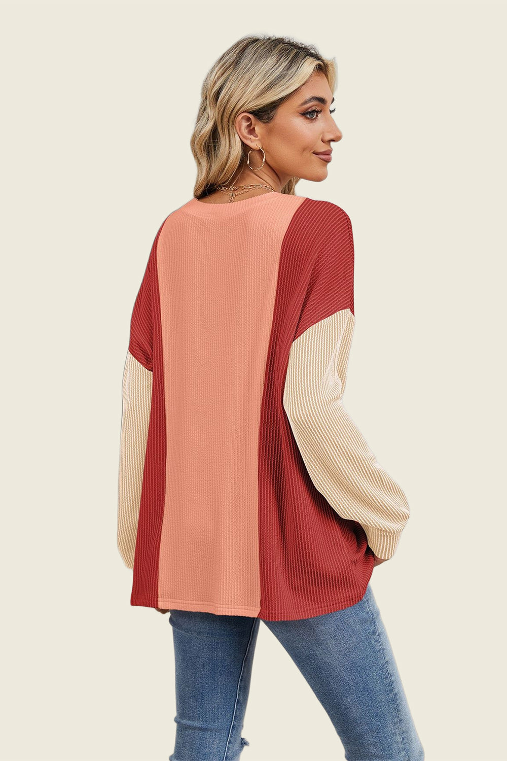 Hazel Blues® |  Double Take Texture Contrast Round Neck Long Sleeve T-Shirt