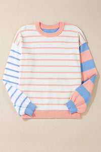 Hazel Blues® |  Contrast Striped Round Neck Long Sleeve Sweater