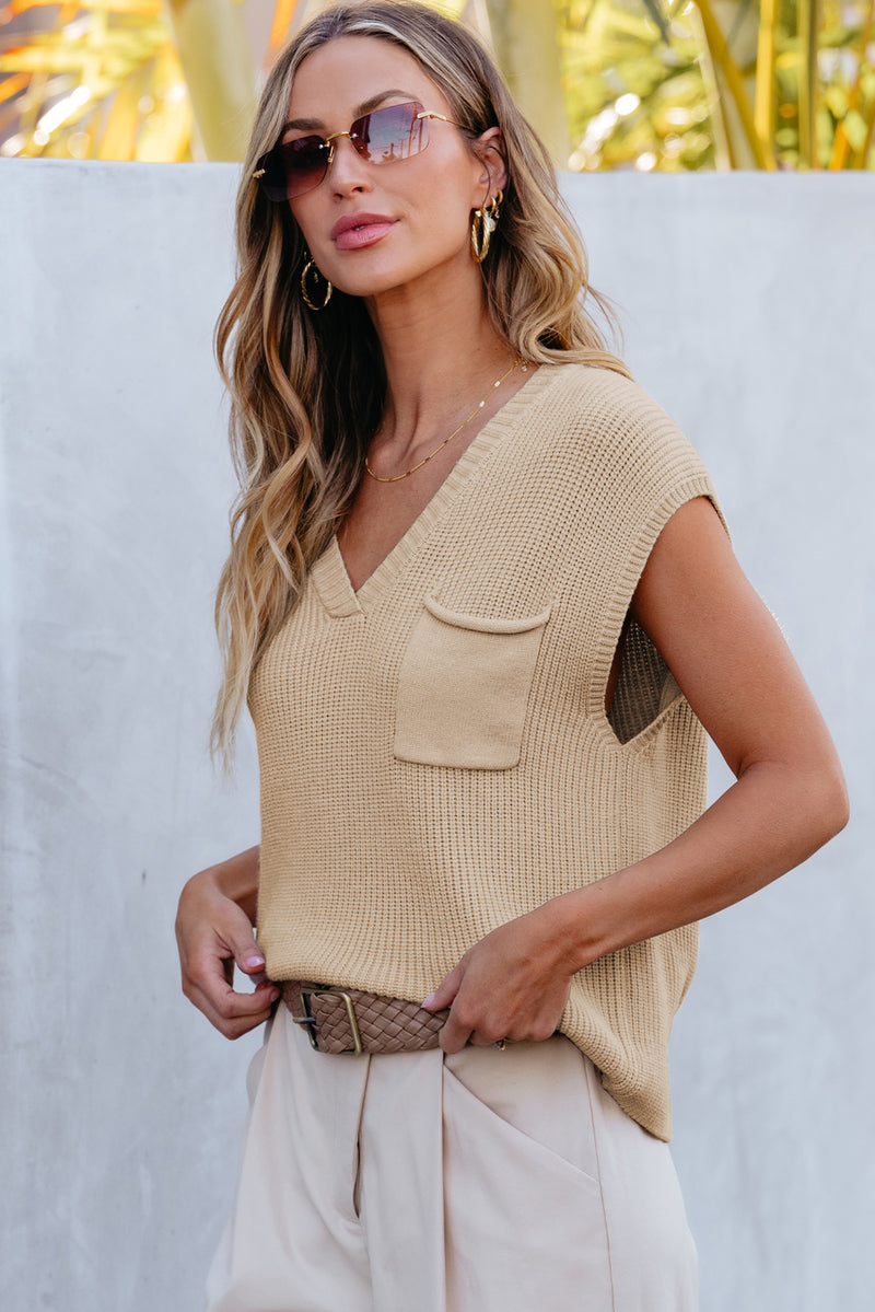 Hazel Blues® |  Pocketed V-Neck Cap Sleeve Sweater