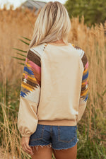 Hazel Blues® |  Light French Beige Aztec Patchwork Raglan Pullover Sweatshirt