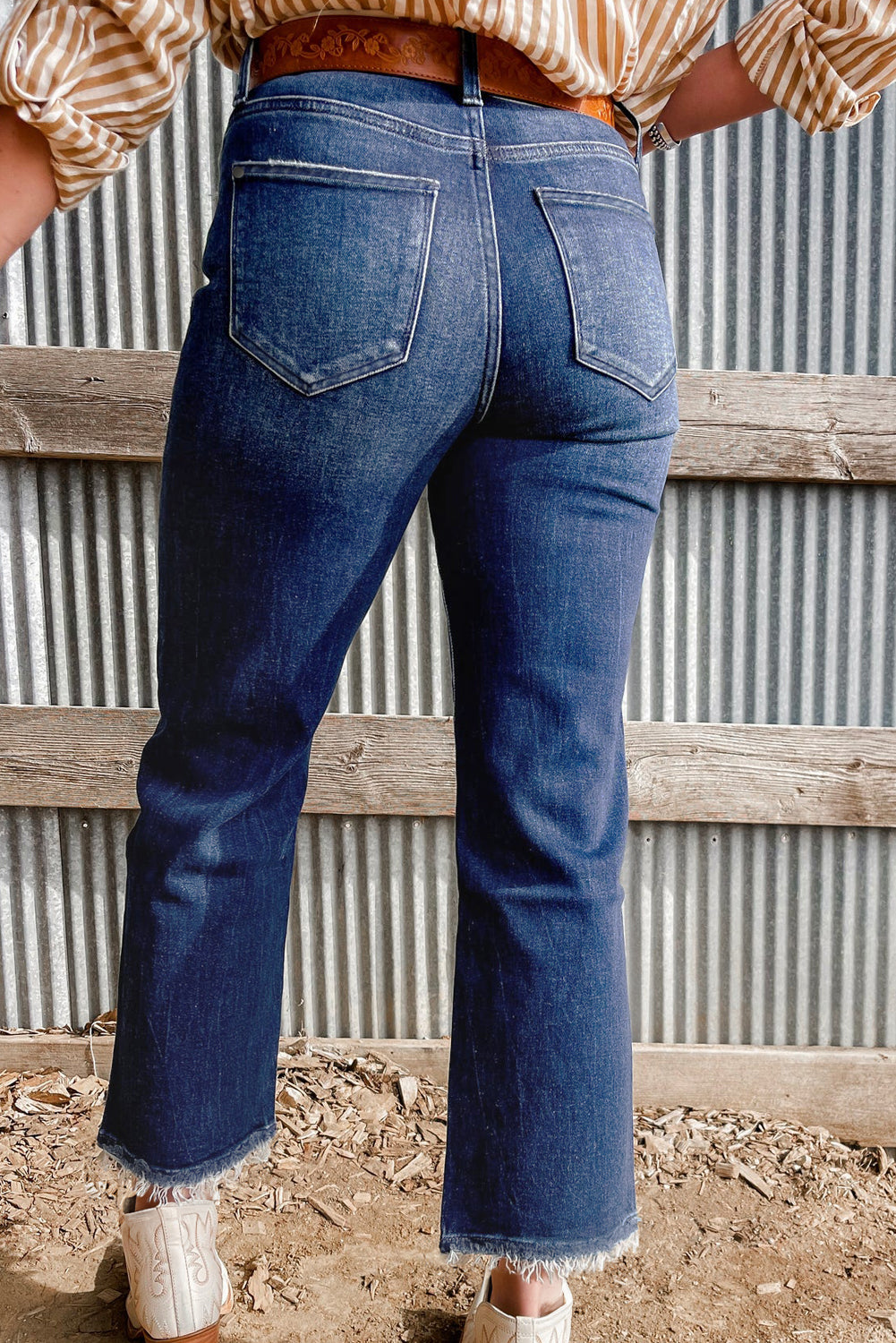 Hazel Blues® |  Sail Blue Turquoise Pattern Raw Edge Cropped High Waist Jeans