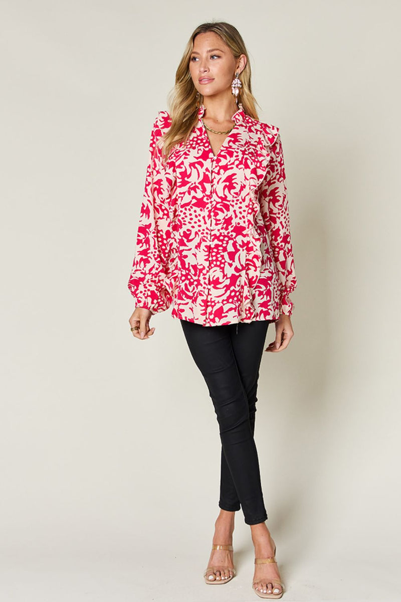 Hazel Blues® |  Double Take Printed Ruffle Trim Balloon Sleeve Shirt