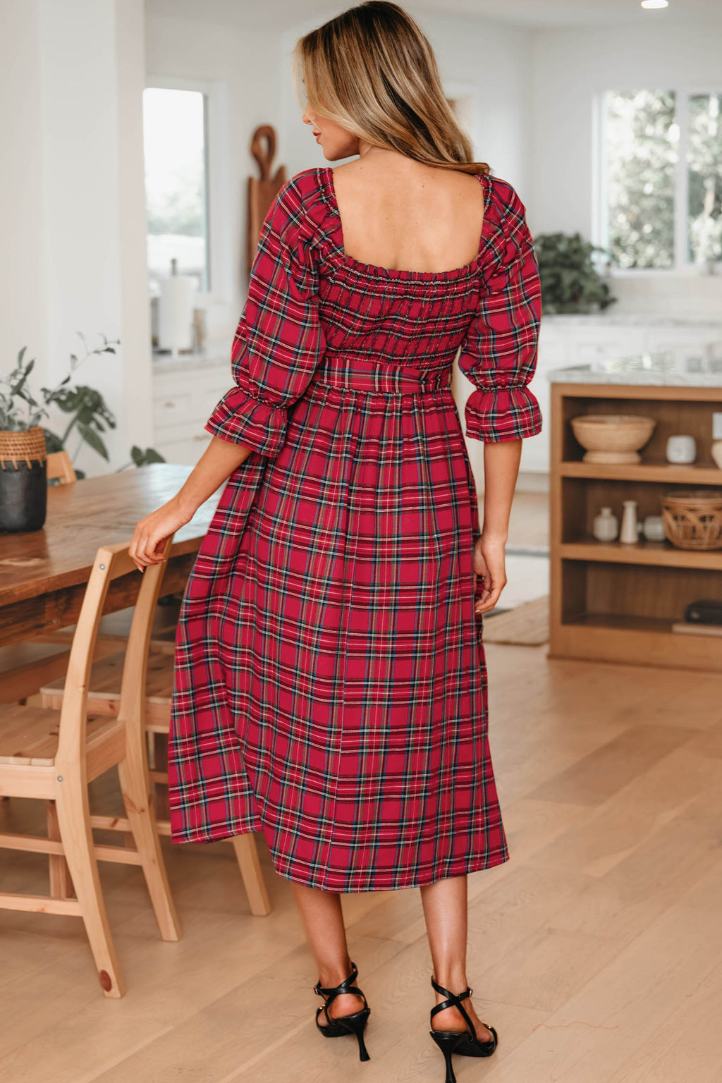 Clara Mae Plaid Midi Dress — Red