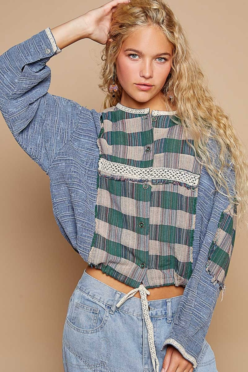 Hazel Blues® |  POL Round Neck Long Sleeve Plaid Shirt