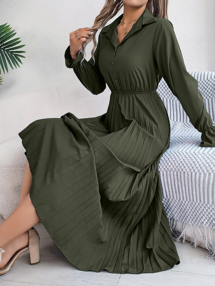 Hazel Blues® |  Pleated Half Button Long Sleeve Midi Dress