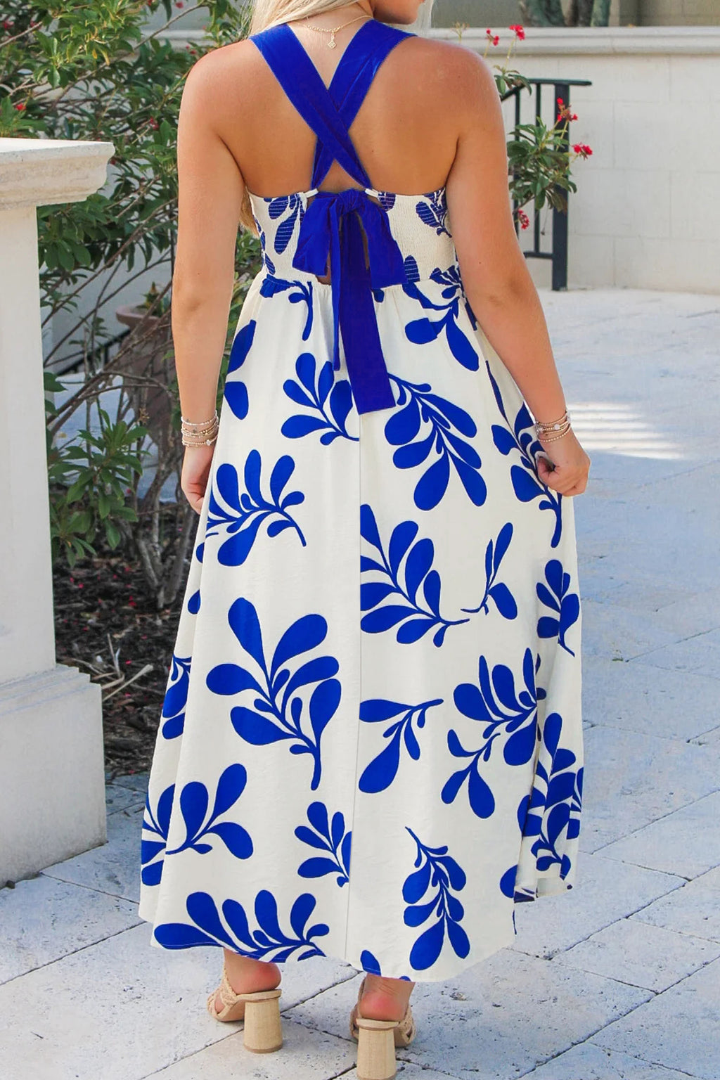 Hazel Blues® |  Blue Floral Print Crisscross Tie Back Sleeveless Long Dress