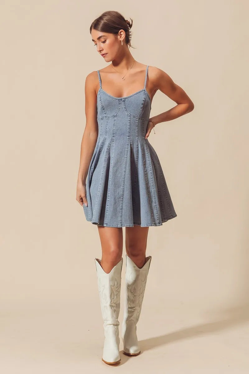 fitted lace wedding dress So Me A Line Fit and Flare Denim Mini Dress Denim / M