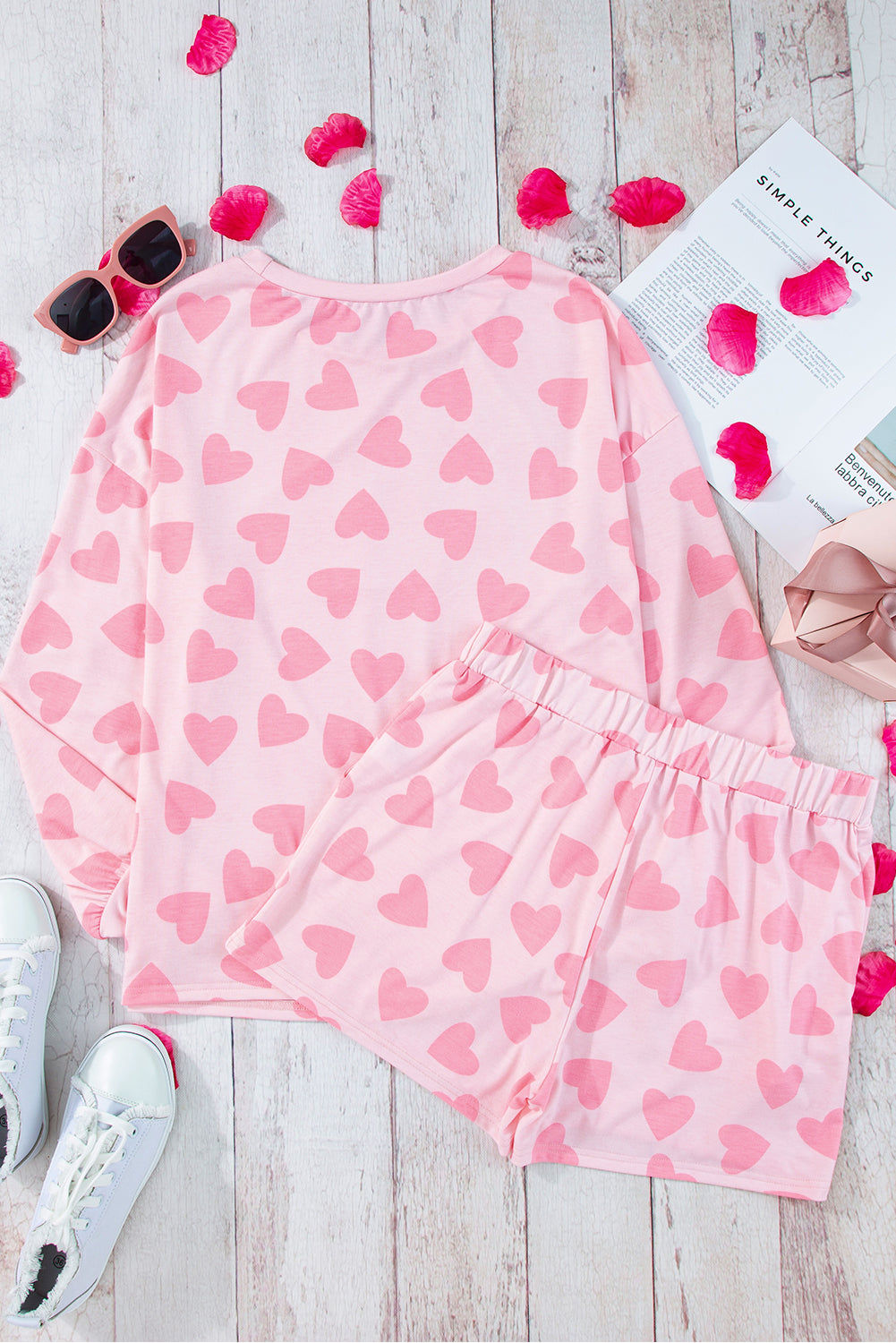 Hazel Blues® |  Heart Print Long Sleeve Top and Shorts Lounge Set