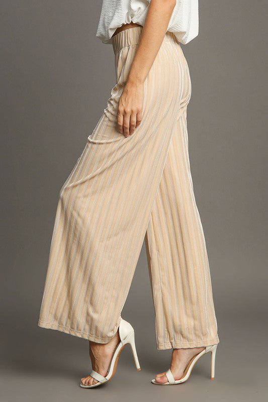 Hazel Blues® |  Umgee Elastic Waist Striped Wide Leg Velvet Pants