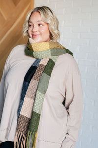 Hazel Blues® |  Keep Me Cozy Checkered Fringe Scarf in Woodland Shades