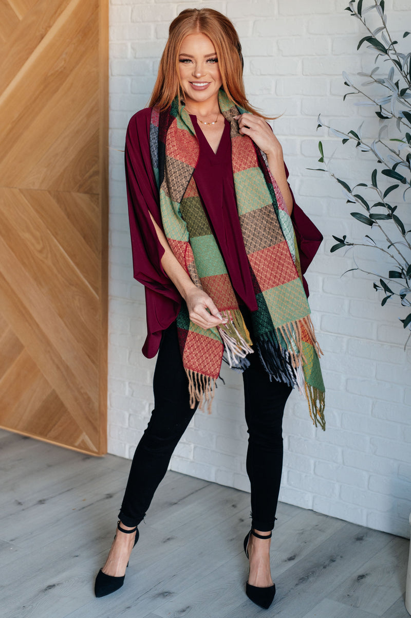 Hazel Blues® |  Keep Me Cozy Checkered Fringe Scarf in Berry