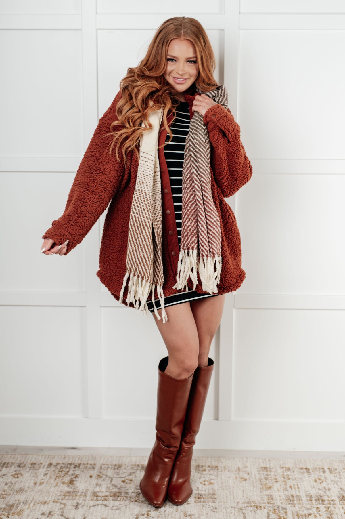 Hazel Blues® |  Cold Front Fringe Scarf in Coffee and Red