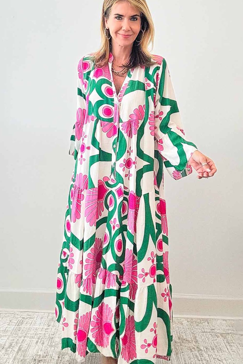 Hazel Blues® |  Printed Notched Long Sleeve Maxi Dress