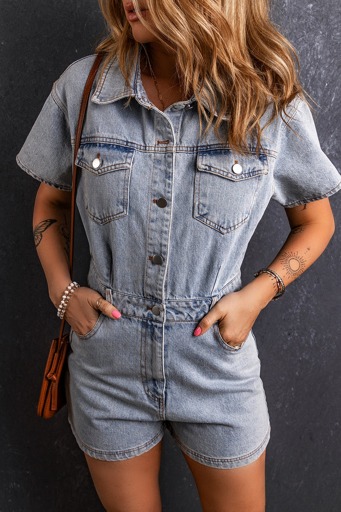 Hazel Blues® |  Collared Neck Short Sleeve Denim Romper