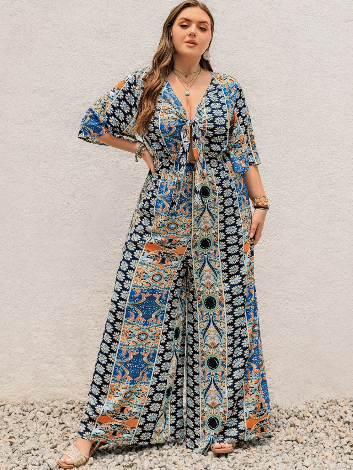 Hazel Blues® | Printed Half Sleeve Wide Leg Jumpsuit