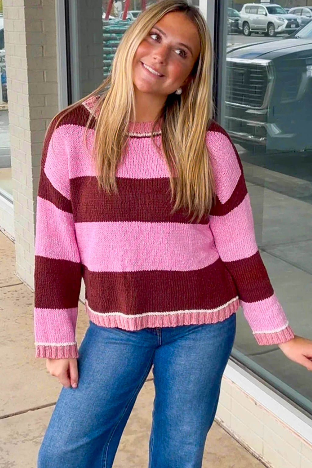 Amelia Rae Pink Stripe Striped Drop Shoulder Long-Sleeve Pullover Regular Fit Knit Sweater