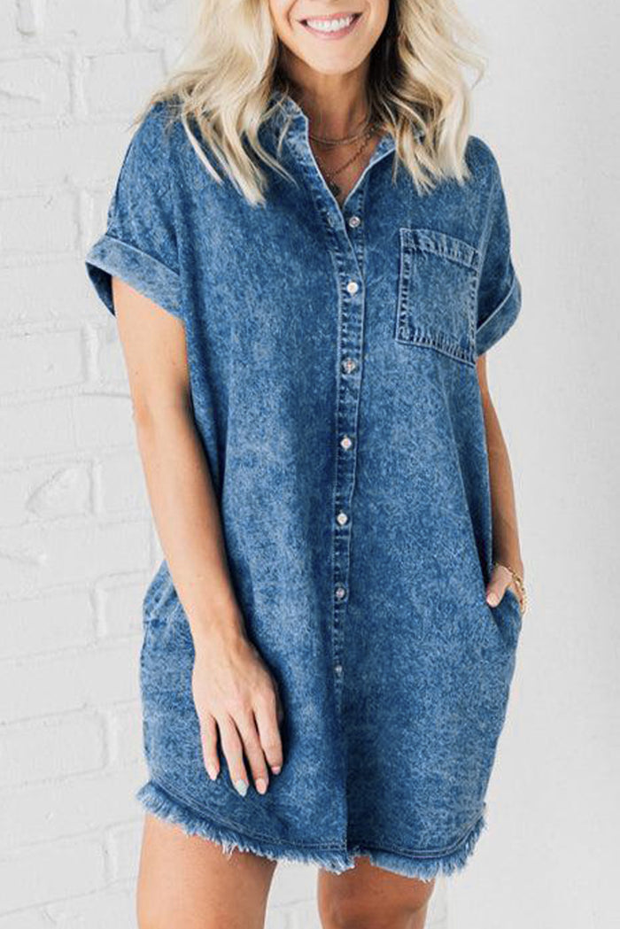 Hazel Blues® |  Raw Hem Pocketed Cap Sleeve Denim Dress