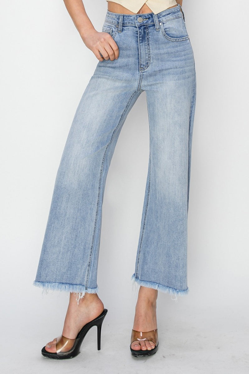 Hazel Blues® |  RISEN High Rise Crop Wide Fray Hem Jeans