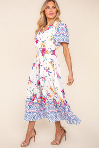 Hazel Blues® |  Haptics Printed Notched Short Sleeve Tiered Dress