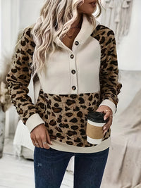 Hazel Blues® |  Leopard Half Button Long Sleeve Hoodie