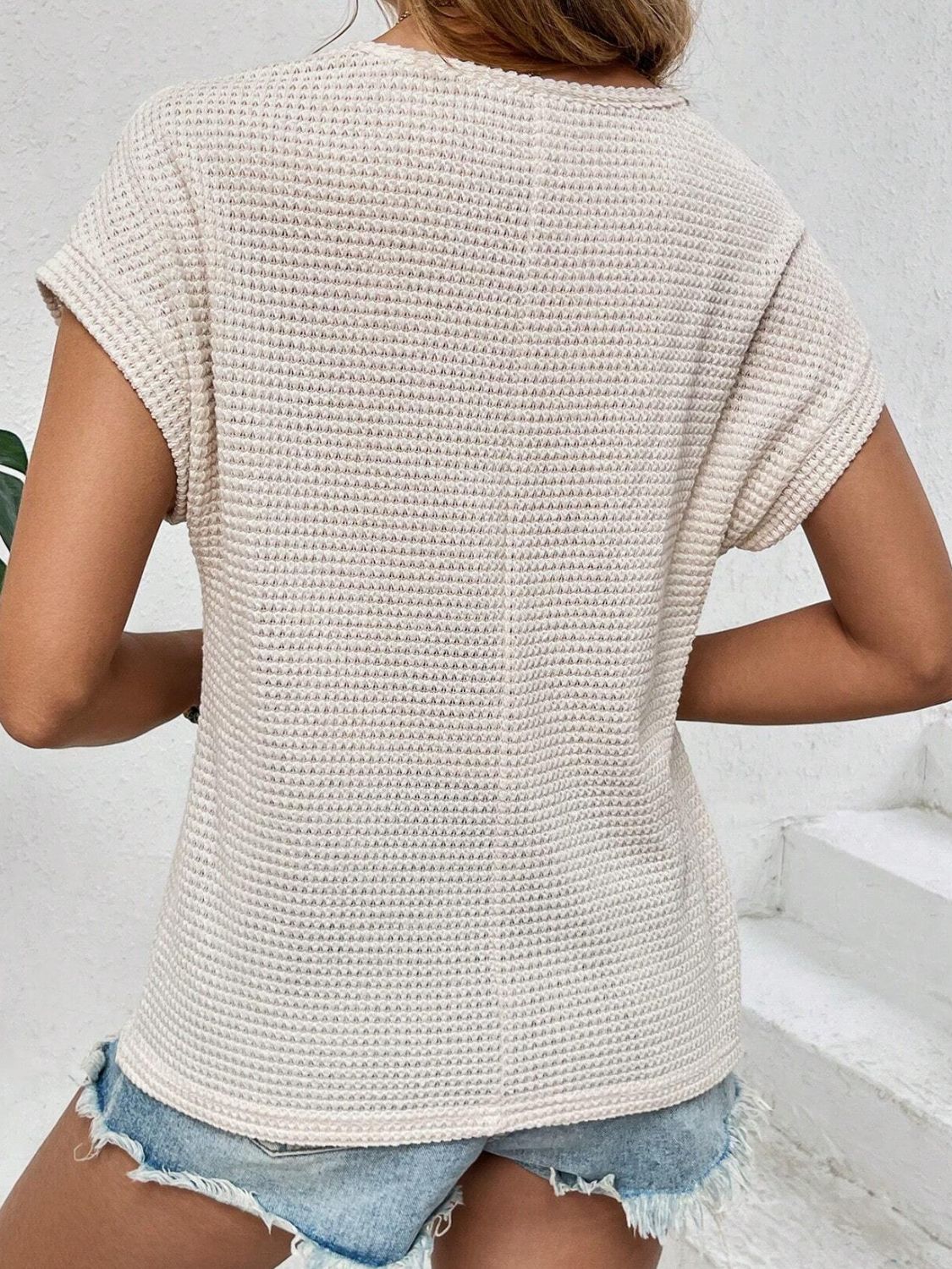 Hazel Blues® |  Waffle-Knit Round Neck Short Sleeve Top