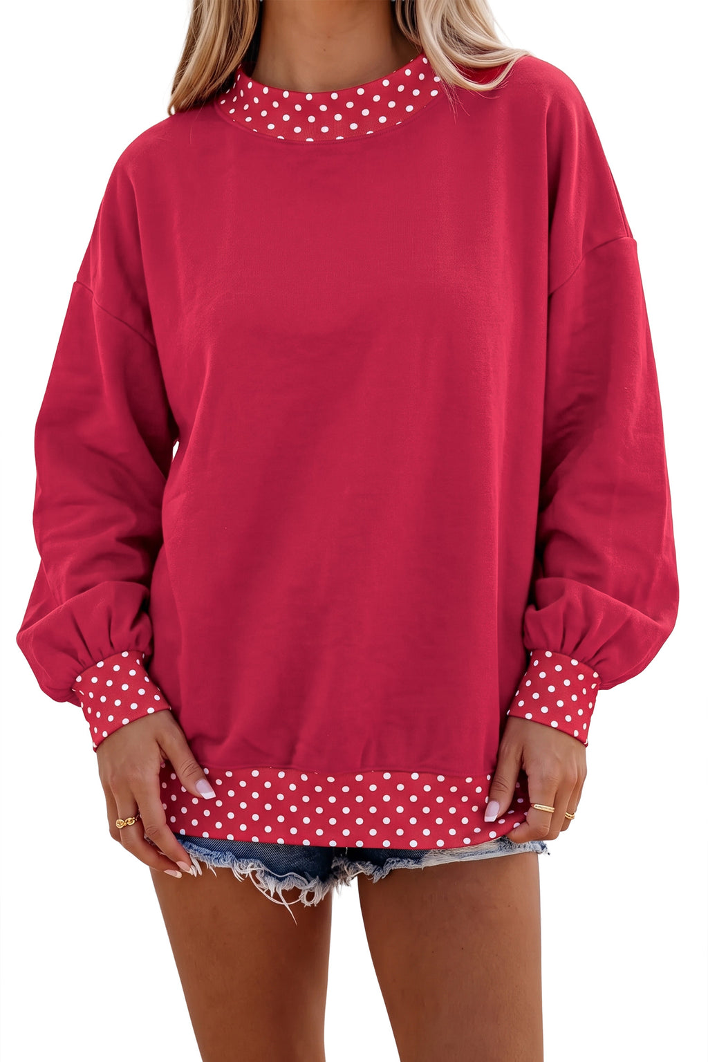 Red Dahlia Colorblock Polka Dot Contrast Trim Oversized Sweatshirt