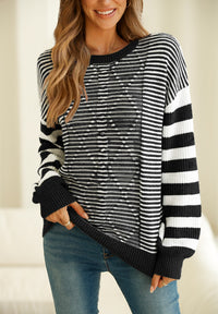 Hazel Blues® |  Striped Round Neck Dropped Shoulder Sweater