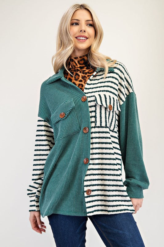 Hazel Blues® |  Celeste Striped Button Up Dropped Shoulder Shacket