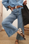 Hazel Blues® |  Dusk Blue Embroidered Cropped Wide Leg High Waist Jeans