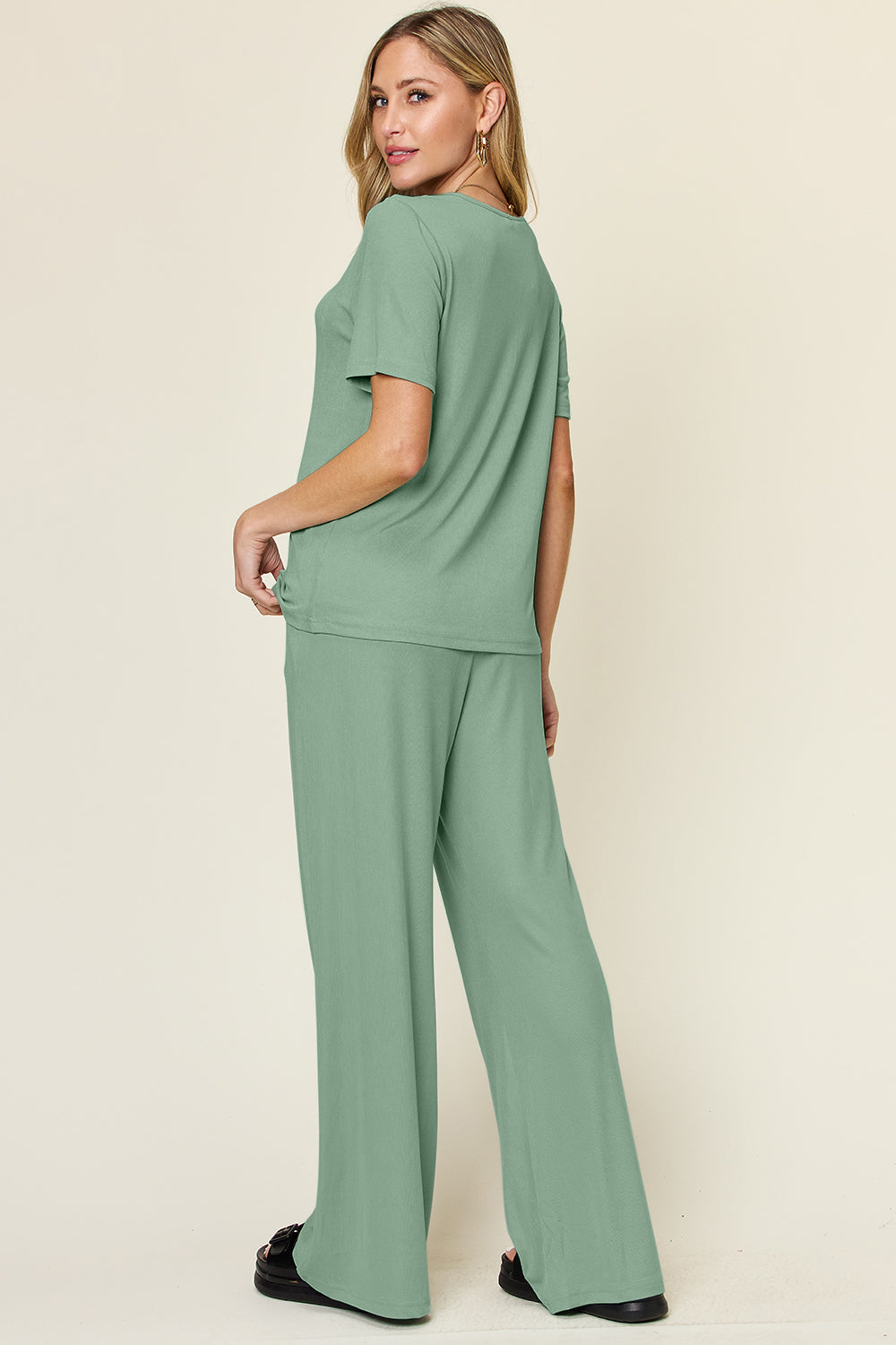 Hazel Blues® |  Double Take Round Neck Short Sleeve T-Shirt and Wide Leg Pants Set