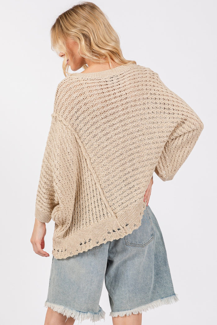 Hazel Blues® |  SAGE + FIG Distressed Asymmetrical Open Stitch Sweater