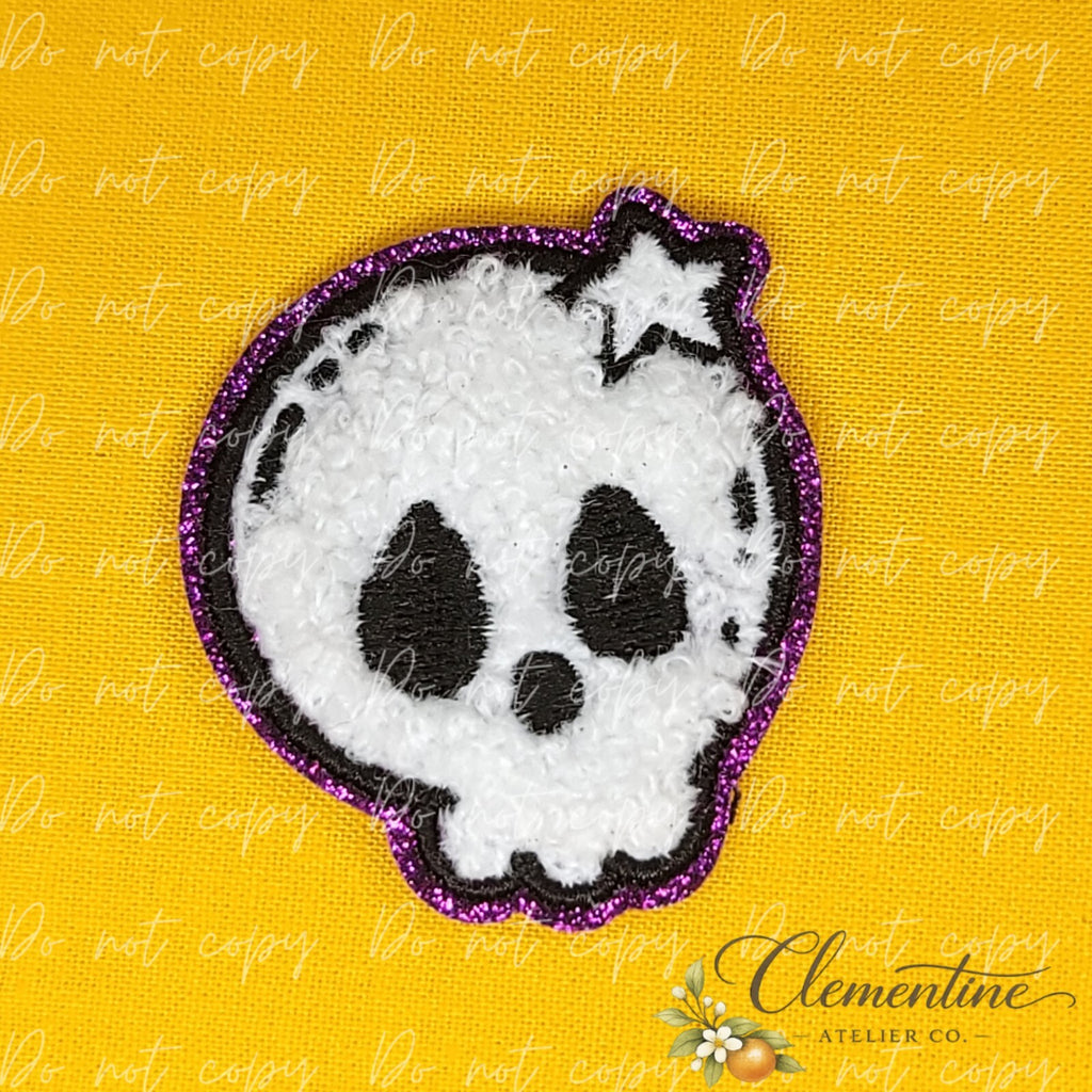 White Skull Purple Glitter | Halloween Patch | Small Iron-On Patch |  Hats, Clothing, Bags+