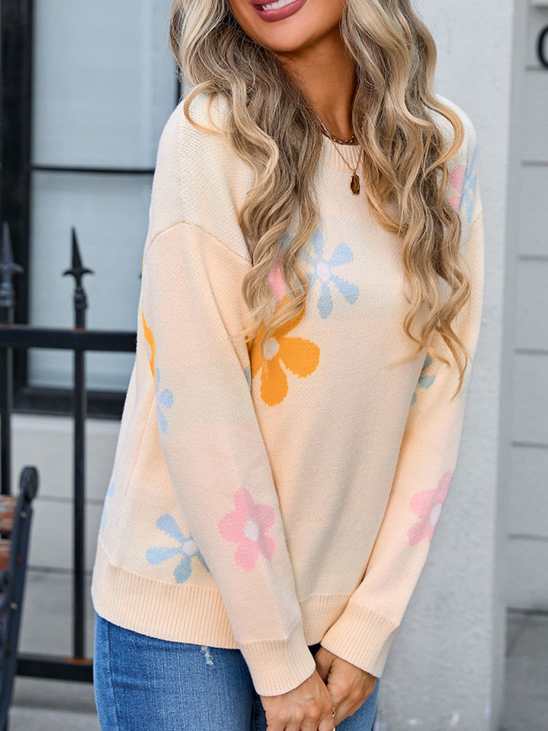 Hazel Blues® |  Flower Round Neck Dropped Shoulder Sweater